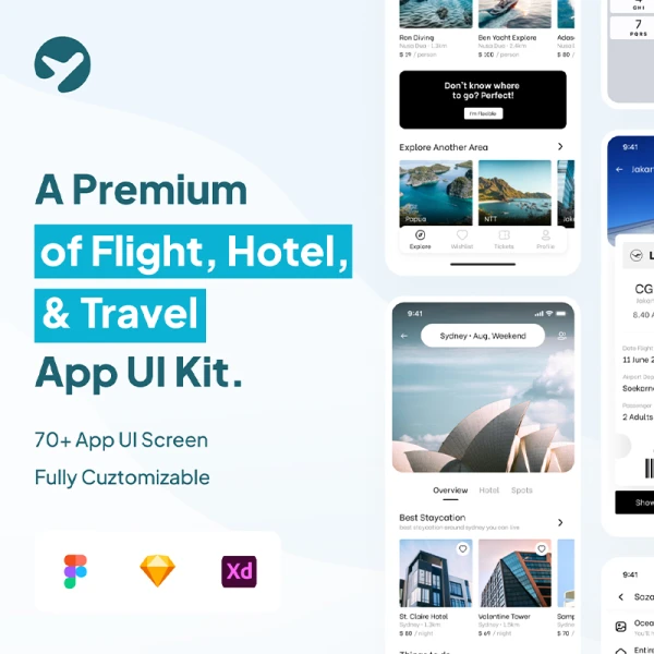 70屏旅游出行机票酒店手机应用设计套件 Kitavel - Premium Flight, Hotel & Travel App UI Kit