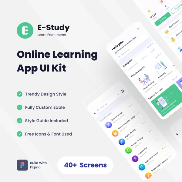 40屏在线学习视频网课应用UI套件套件 Product Name E-Study Online Learning Mobile App