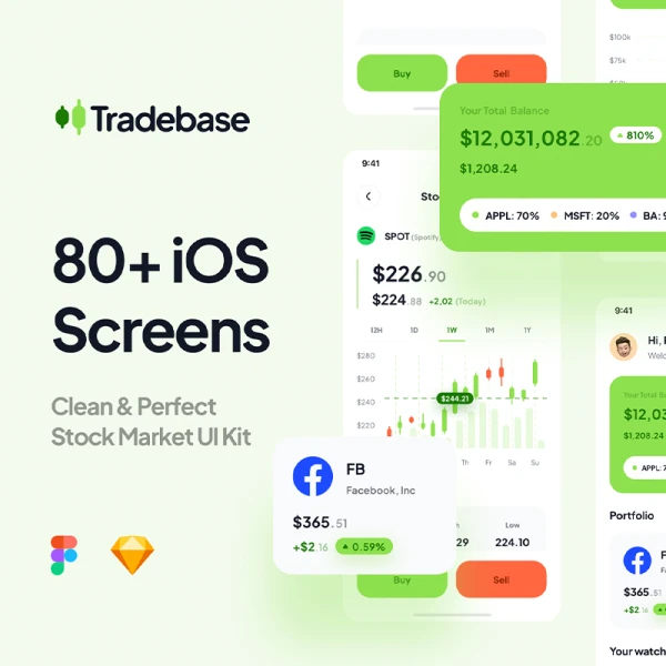 80屏简约清新股票交易平台应用设计套件 Tradebase - Stock App UI Kit