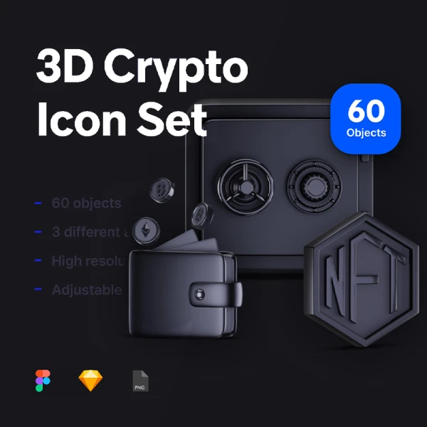 60款黑色金融理财3D图标合集 3D Crypto Icon Set