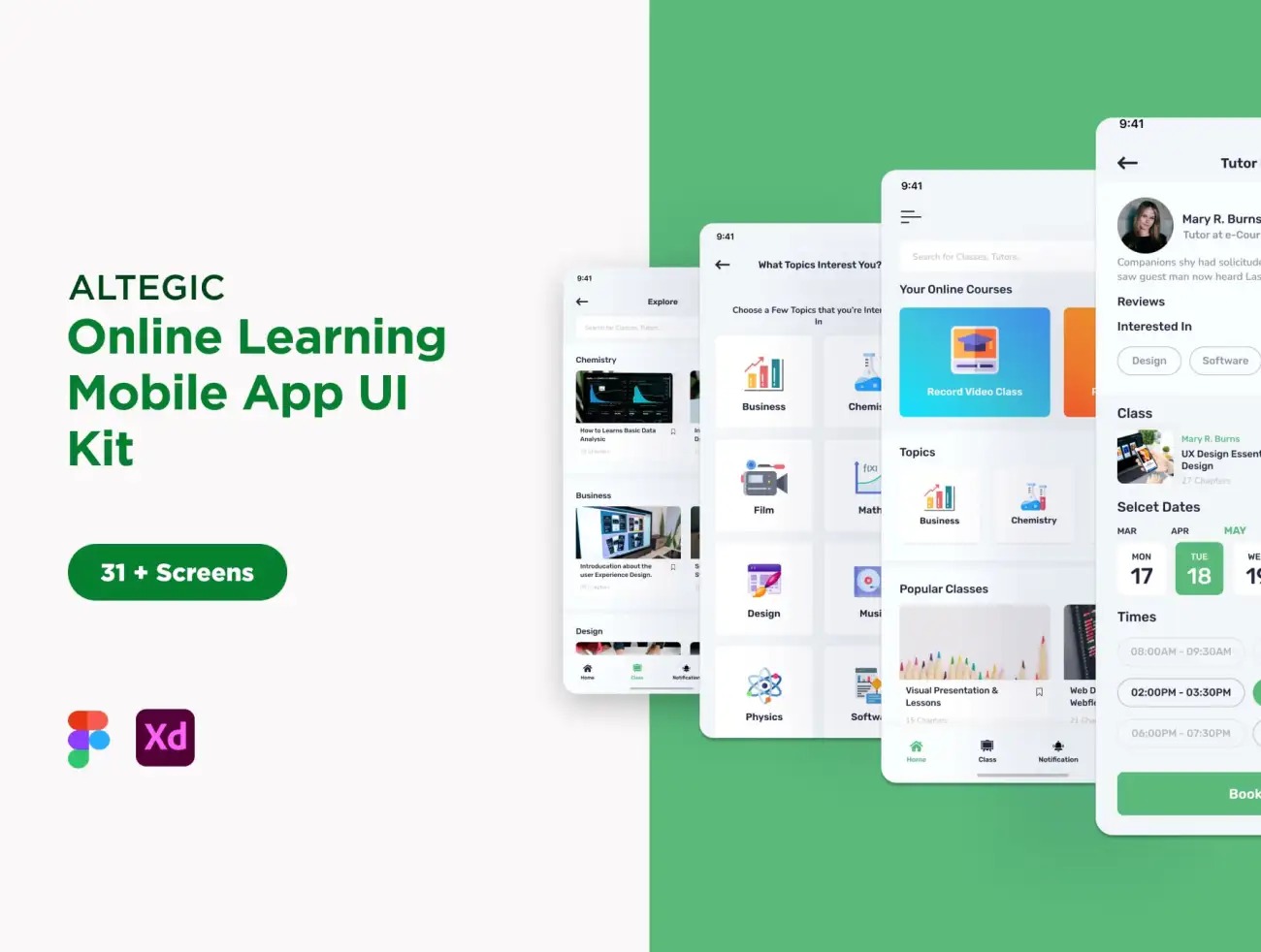 31屏在线教育网络学习应用设计模板 Altegic – Online Learning, Educational App UI Kit插图1