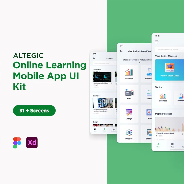 31屏在线教育网络学习应用设计模板 Altegic - Online Learning, Educational App UI Kit