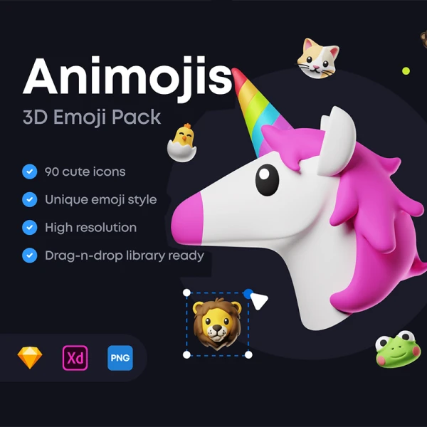 90款3D可爱动物emoji立体图标素材AE模板 Animojis 3D Icon Pack