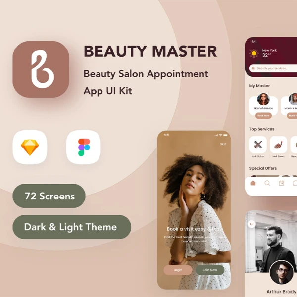 70屏iOS美容理发沙龙SPA健身O2O应用设计套件 Beauty Master - Salon Appointment App UI Kit