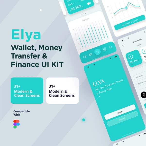 31屏金融理财电子钱包货币兑换应用设计套件 Elya App Kit For Wallet, Finance and Money Transfer Kit