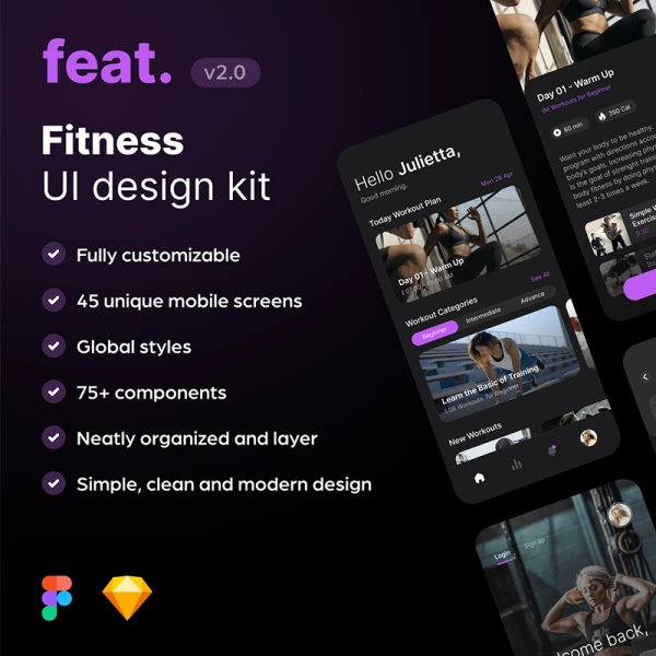 45屏高质量健身应用设计套件 Feat Fitness UI Design Kit