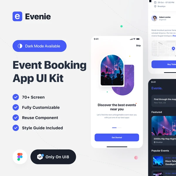 70屏活动酒店场地预定应用设计套件 Evenie - Event Booking App UI Kit