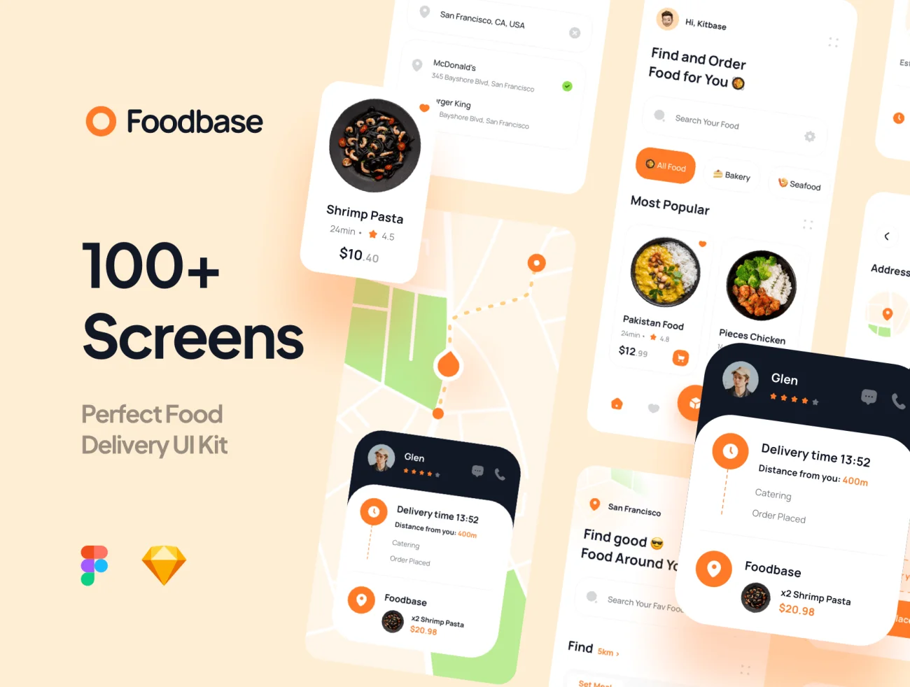 100屏外卖点餐配送应用设计套件 Foobase – Food Delivery UI Kit插图1