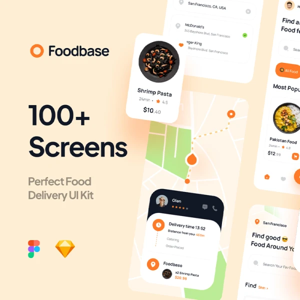 100屏外卖点餐配送应用设计套件 Foobase - Food Delivery UI Kit