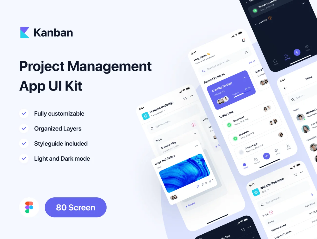 80屏团队协作项目管理审批应用UI设计套件工具包 Kanban – Project Management App UI Kit插图1