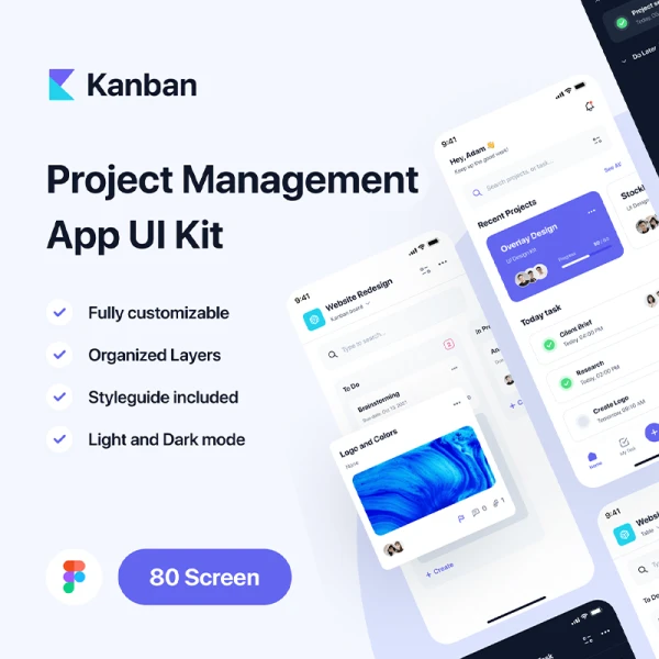 80屏团队协作项目管理审批应用UI设计套件工具包 Kanban - Project Management App UI Kit