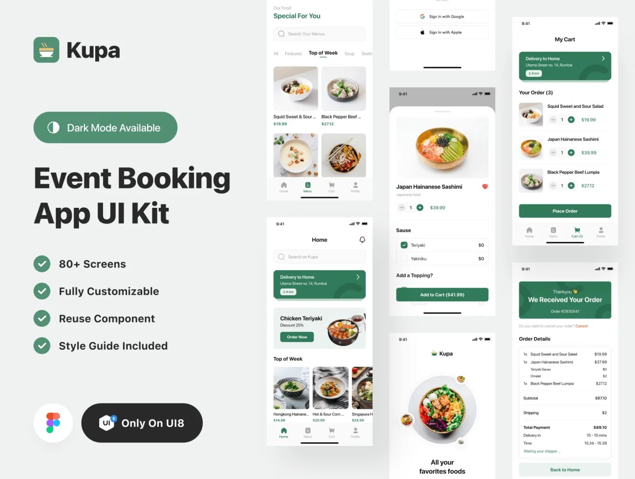80屏美食外卖点餐配送应用设计套件 Kupa – Food Delivery App UI Kit插图1