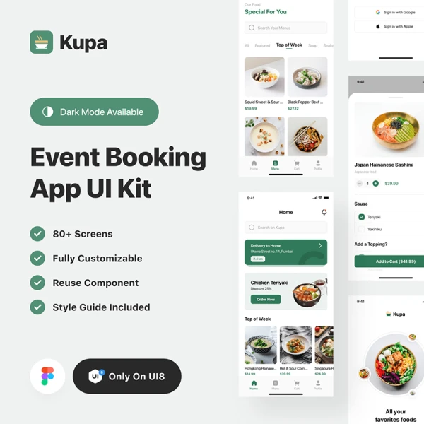 80屏美食外卖点餐配送应用设计套件 Kupa - Food Delivery App UI Kit