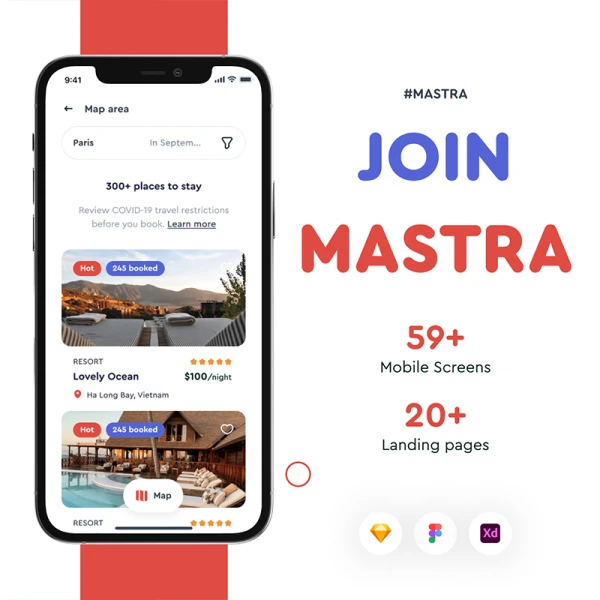 59屏景点旅行门票机票预订应用套件承载页设计模板 Mastra - Travel Booking App & Website