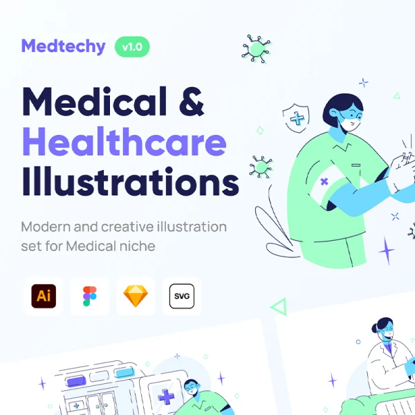20幅医疗健康医院诊断公共服务矢量人物场景插画 Medtechy - Medical & Healthcare Illustration Set