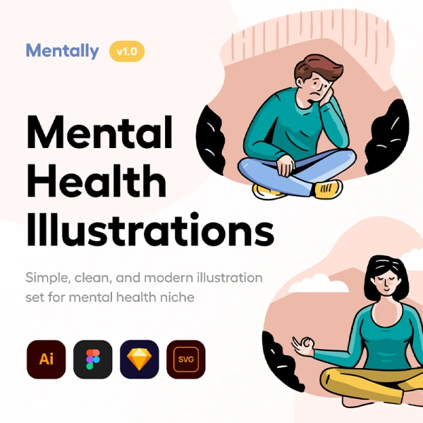 10幅心理健康精神治疗冥想矢量插画素材源文件 Mentally - Mental health Illustration Set