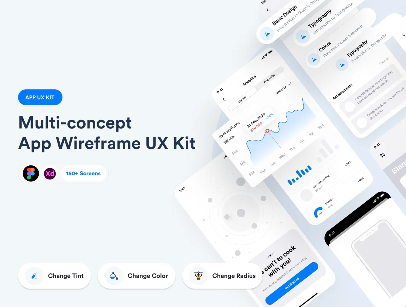 150屏多款概念应用原型线框图套件工具包 Multi-concept App Wireframe UX Kit插图1