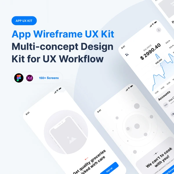 150屏多款概念应用原型线框图套件工具包 Multi-concept App Wireframe UX Kit