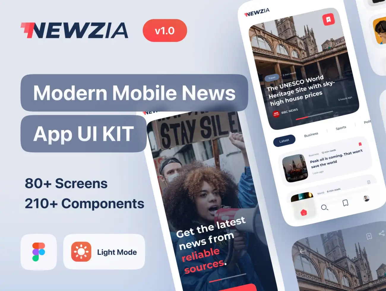 80屏多功能新闻应用套件组件设计工具包 Newzia – Modern Mobile News App UI Kit插图1