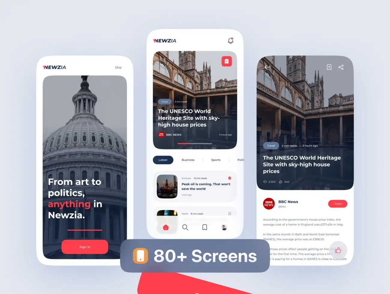 80屏多功能新闻应用套件组件设计工具包 Newzia – Modern Mobile News App UI Kit插图3