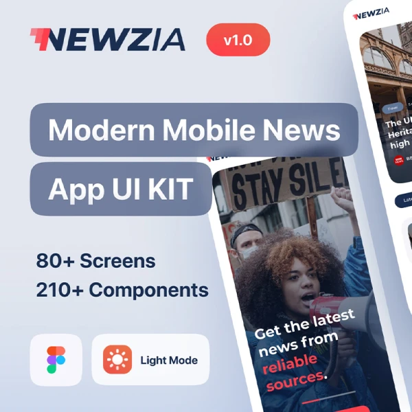 80屏多功能新闻应用套件组件设计工具包 Newzia - Modern Mobile News App UI Kit