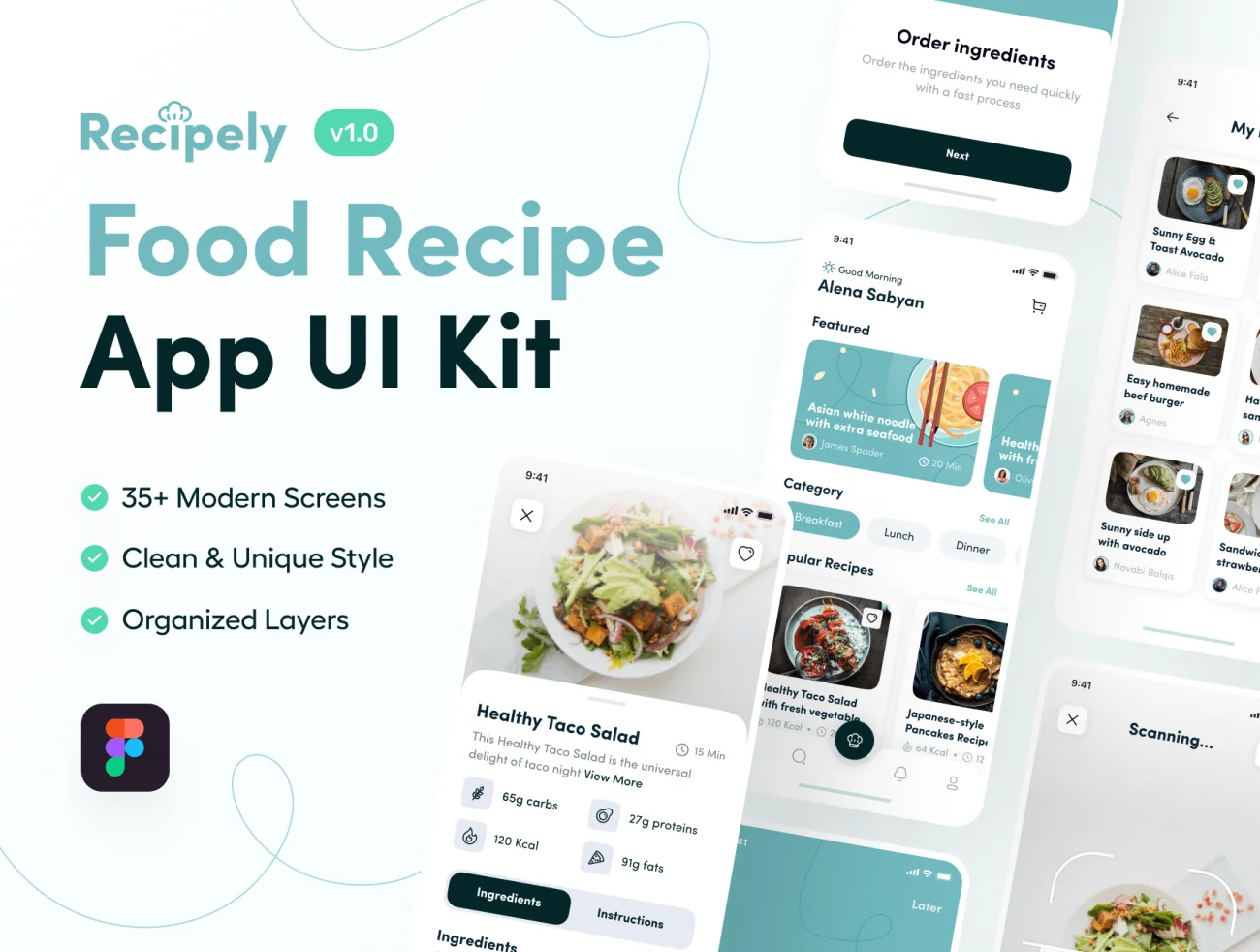 35屏美食烹饪食谱分享应用设计套件 Recipely - Food Recipe App UI Kit-UI/UX、ui套件、主页、介绍、付款、列表、卡片式、应用、注册、登录页、着陆页、网购、表单、详情-到位啦UI