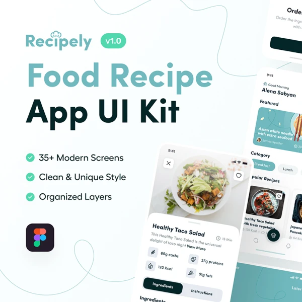 35屏美食烹饪食谱分享应用设计套件 Recipely - Food Recipe App UI Kit