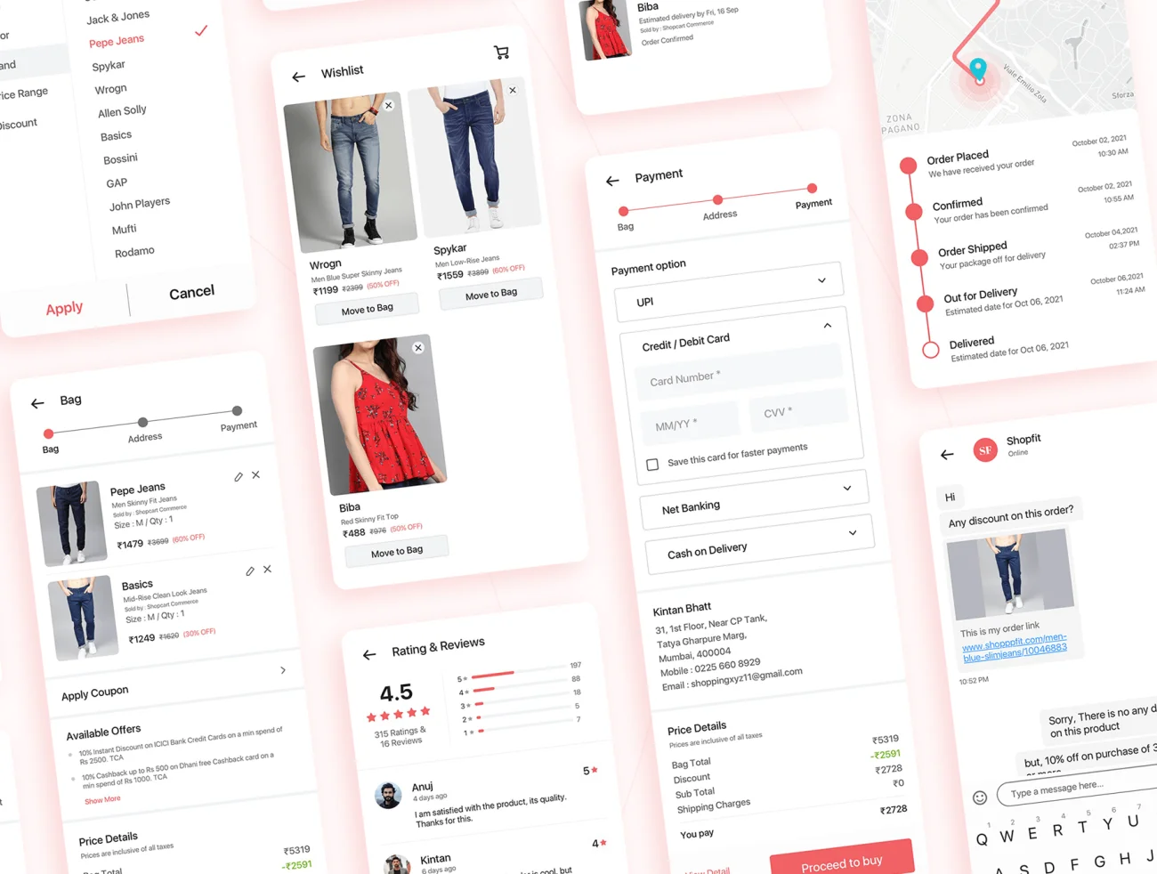 时尚服饰配件电子商务应用设计套件 Shopfit - Shopping App UI Kit-UI/UX、ui套件、主页、付款、应用、网购、详情-到位啦UI