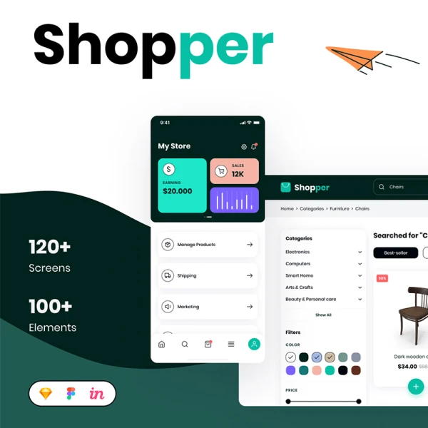 120屏服饰家具电商应用网站设计模板 Shopper - Ecommerce Mobile App & Desktop