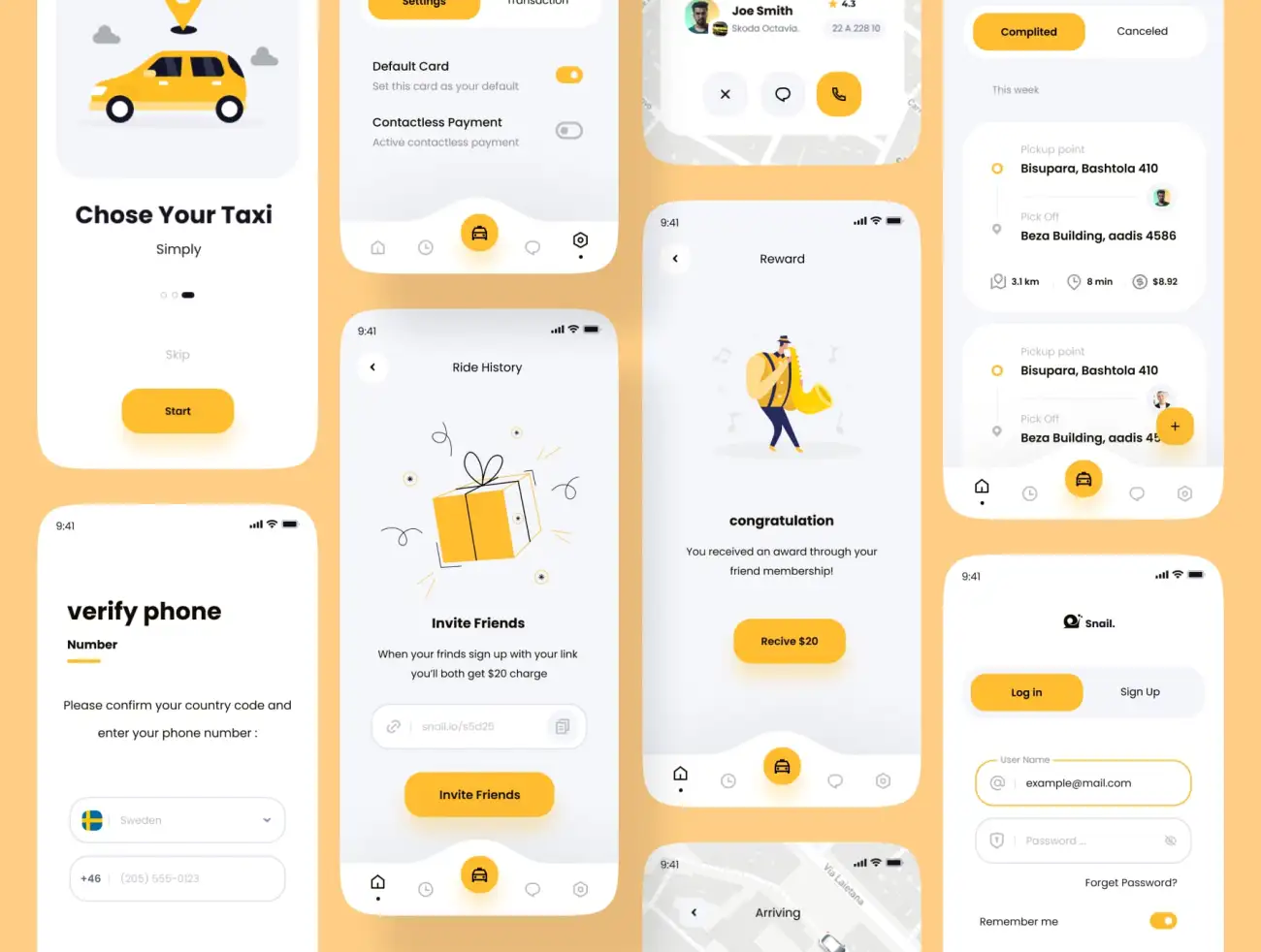 45屏在线租车打车应用设计套件 Snail Taxi booking app UI Kit-UI/UX、ui套件、主页、介绍、付款、出行、卡片式、图表、应用、注册、聊天、表单、详情-到位啦UI