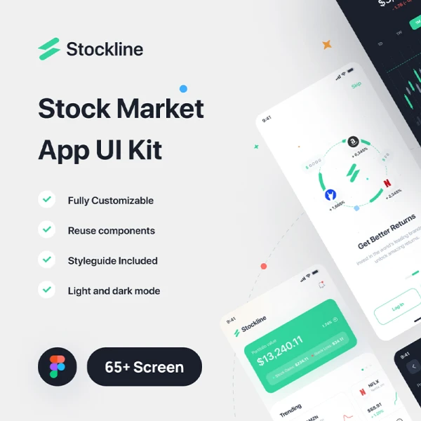 65屏股市交易应用设计套件 Stockline - Stock Market App UI Kit