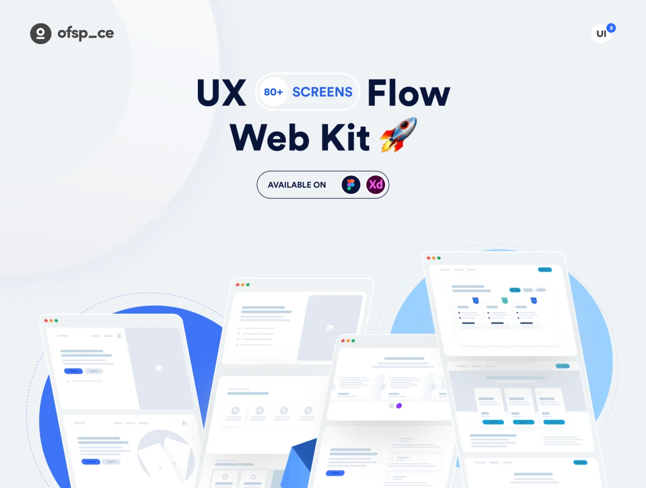 80屏用户体验web设计套件工具包 UXFlow Web Kit Design-UI/UX、ui套件、主页、付款、列表、卡片式、图表、地图、天气、应用、播放器、日历、注册、表单-到位啦UI