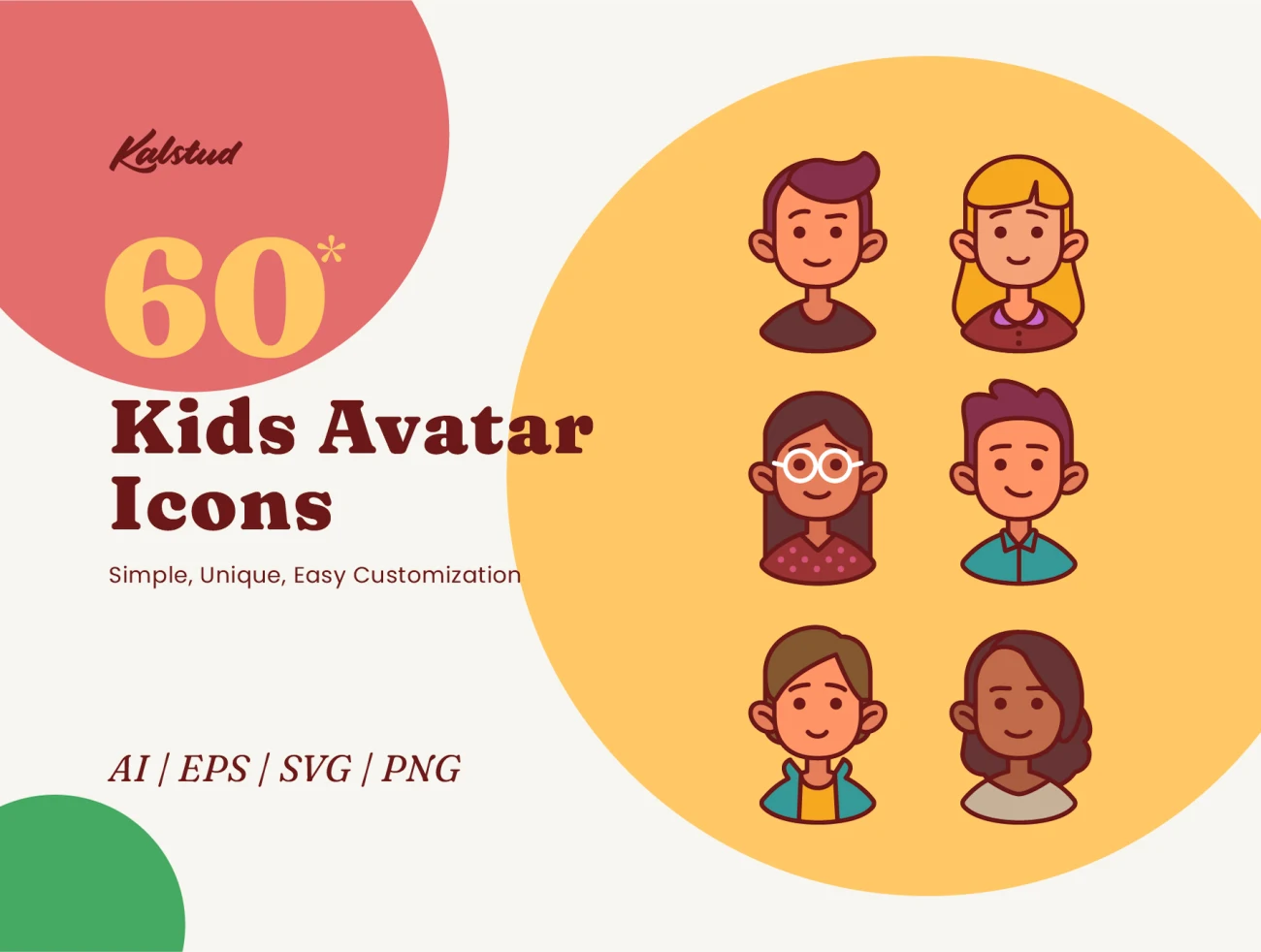 60款卡通矢量儿童头像图标素材 60 Kids Avatar Icons-3D/图标、人物插画、插画-到位啦UI