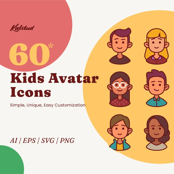 60款卡通矢量儿童头像图标素材 60 Kids Avatar Icons