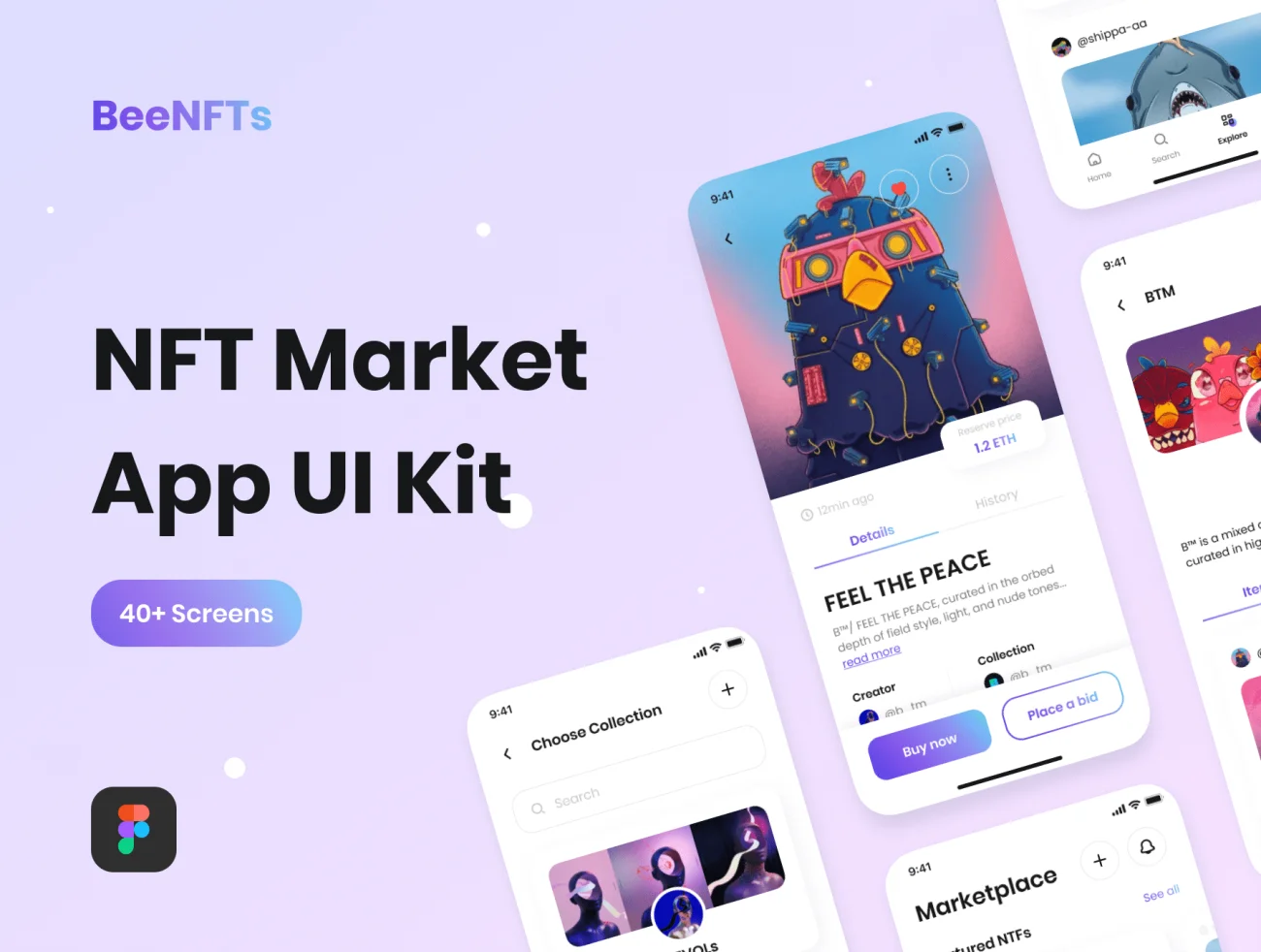 90屏NTF交易平台设计套件 BeeNFTs - NFT Market App UI Kit-UI/UX、ui套件、主页、介绍、付款、卡片式、应用、海报-到位啦UI