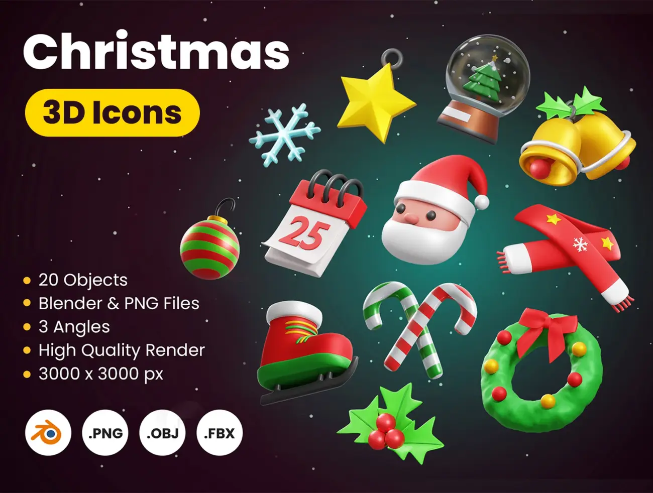 20款圣诞节3D图标元素合集 Christmas 3D Icon-3D/图标、海报素材、设计元素-到位啦UI