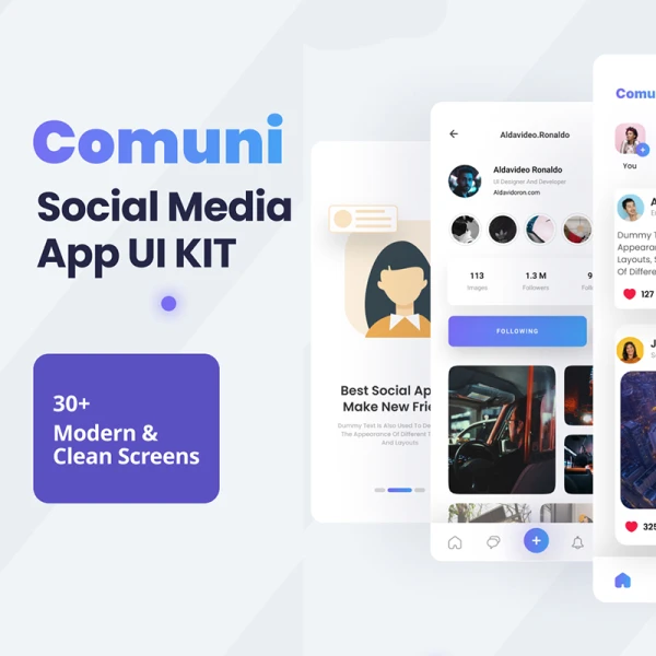 30屏社交应用设计套件 Comuni - Social Media App UI Kit