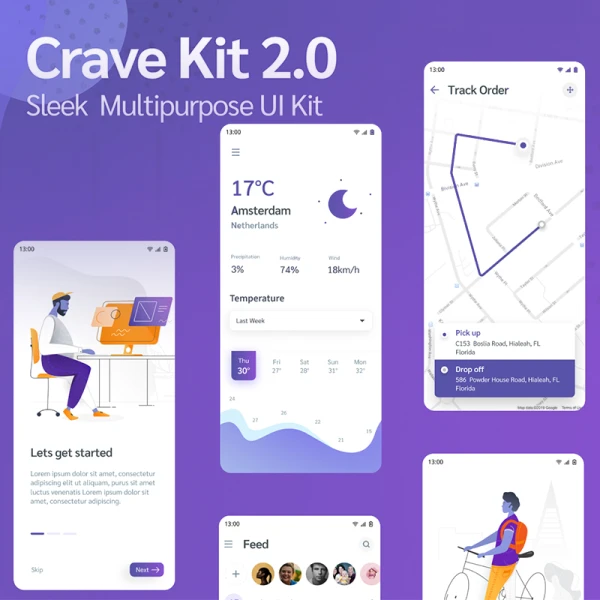 38屏天气社交配送外卖应用设计套件 Crave - Multipurpose UI Kit 2.0