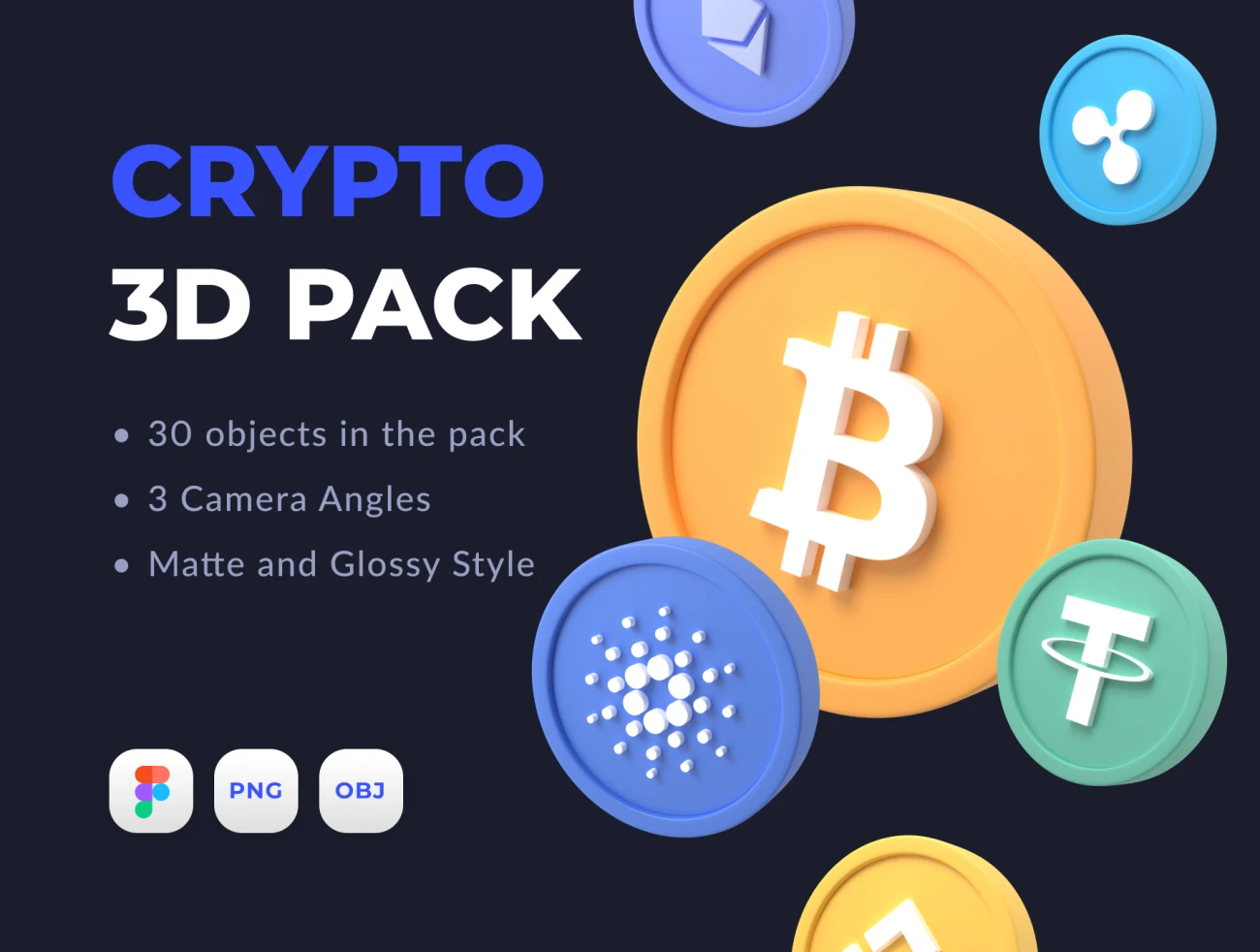 30款虚拟数字货币立体3D图标 Crypto 3D Pack-3D/图标、商业金融、插画功能、营销创业、虚拟货币-到位啦UI