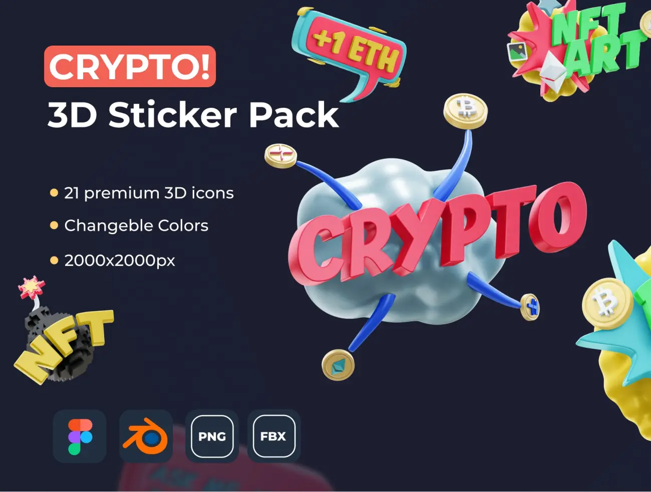 21款数字虚拟货币3D贴图图 Crypto! 3D Sticker Pack-3D/图标、营销创业、虚拟货币-到位啦UI