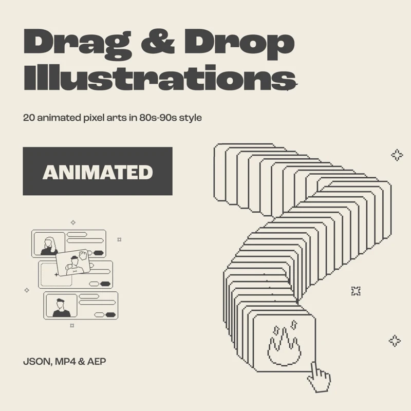 80-90 年代风格的 20 个简单像素化艺术风格拖入即用动画插图 Drag & Drop Animated Illustrations缩略图到位啦UI