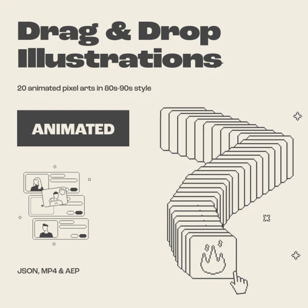 80-90 年代风格的 20 个简单像素化艺术风格拖入即用动画插图 Drag & Drop Animated Illustrations