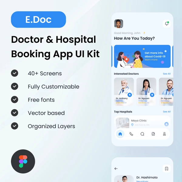 40屏在线医院挂号医生预约医疗服务应用设计套件 E.Doc - Doctor & Hospital Booking App UI Kit