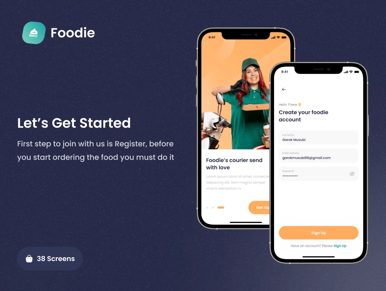 38屏外卖点餐配送应用手机套件 Foodie - Food Delivery App UI KIT-UI/UX、ui套件、主页、应用、网购、聊天、预订-到位啦UI