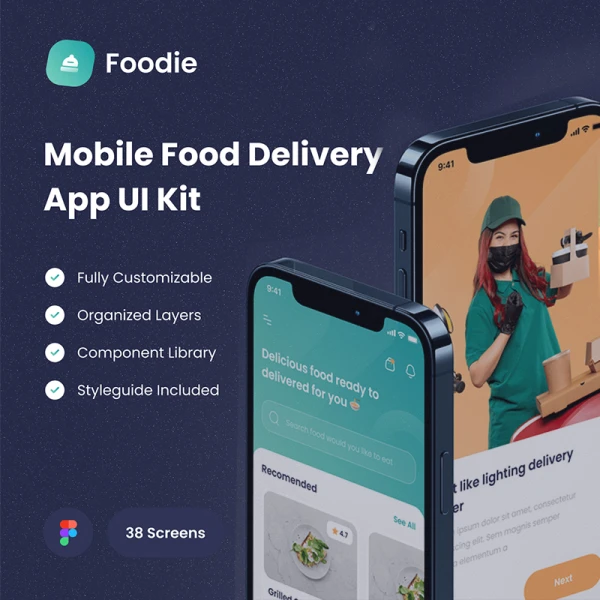 38屏外卖点餐配送应用手机套件 Foodie - Food Delivery App UI KIT