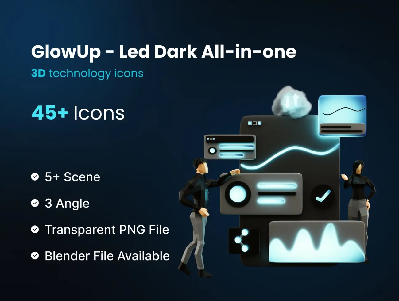 45款科技led发光3D图标 Glow Up - 3D LED Dark Technology Pack-商业金融、场景插画、学习生活、插画、插画功能、硬件设备、科技智能-到位啦UI