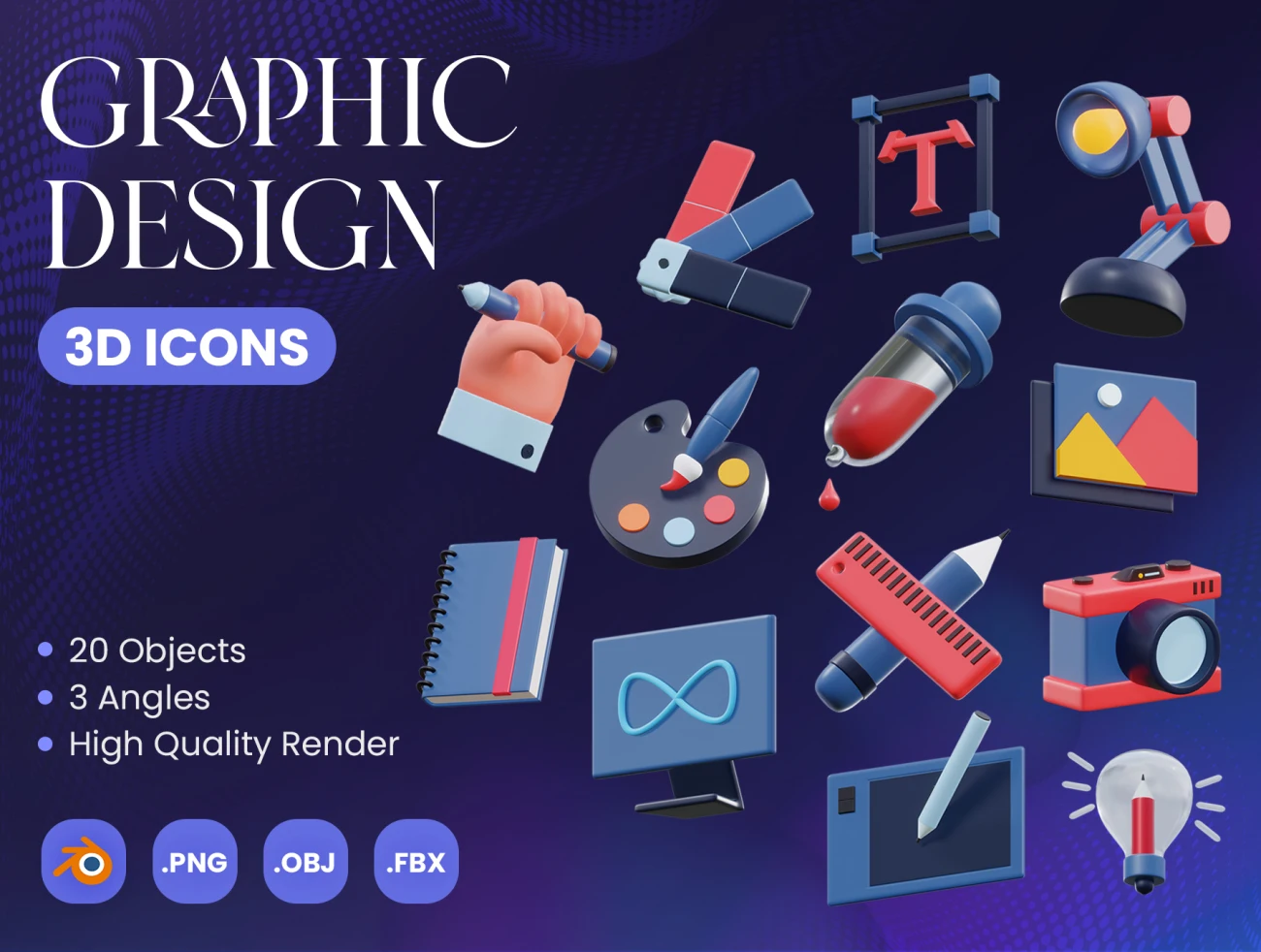 20款平面设计工具3D图标合集 Graphic Design 3D Icons-3D/图标、场景插画、学习生活、插画、职场办公-到位啦UI