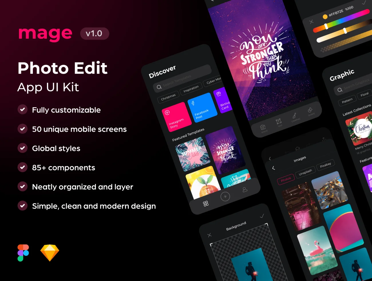 50屏图片编辑应用UI设计套件 Mage Photo Edit App UI Kit-UI/UX、ui套件、主页、列表、卡片式、应用、播放器-到位啦UI