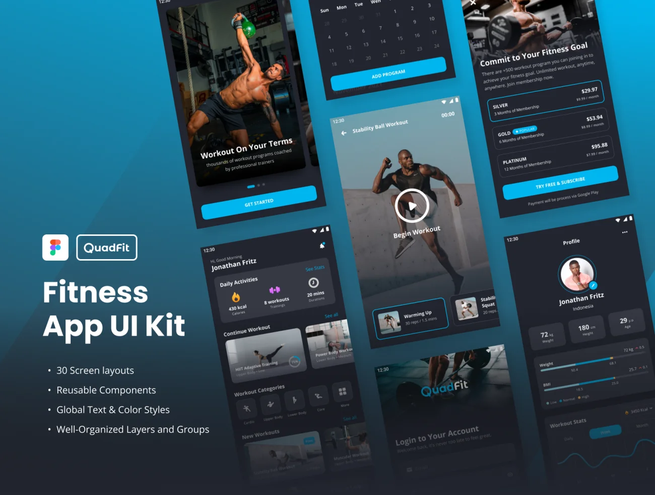 30屏深色健身应用设计套件 QuadFit - Fitness App UI Kit-UI/UX、ui套件、主页、付款、列表、卡片式、图表、应用、表单-到位啦UI