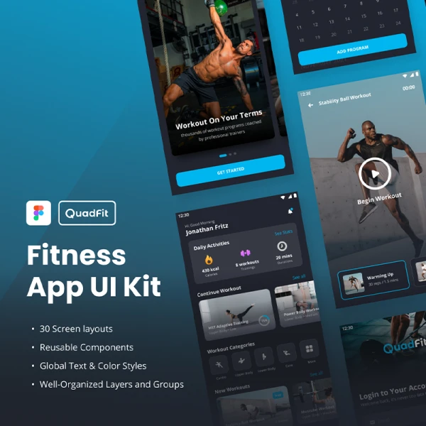 30屏深色健身应用设计套件 QuadFit - Fitness App UI Kit